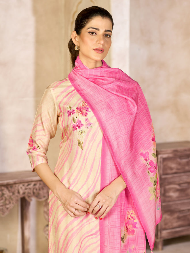 Beige Viscose Kurta Set with Contrast Floral and Stripe Printed Work, Paired with Cambric Cotton Bottom and a Matching Viscose Dupatta