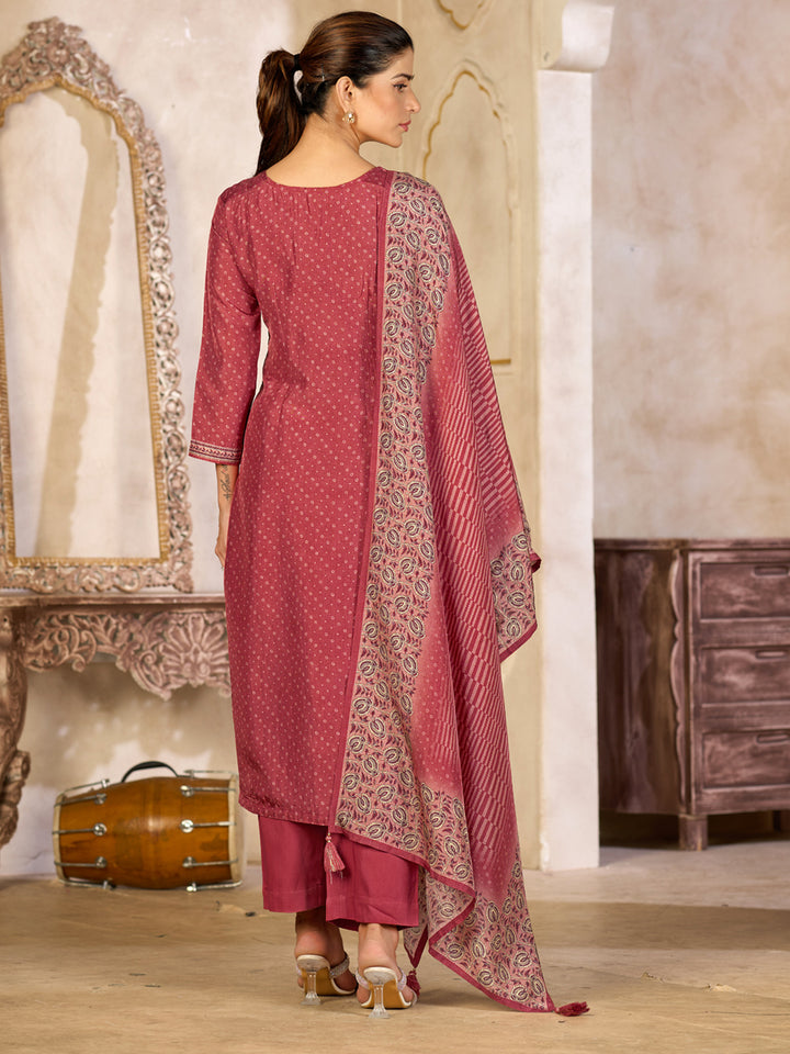 Dusty Red Viscose Kurta Set with Subtle Print and Woven Viscose Dupatta