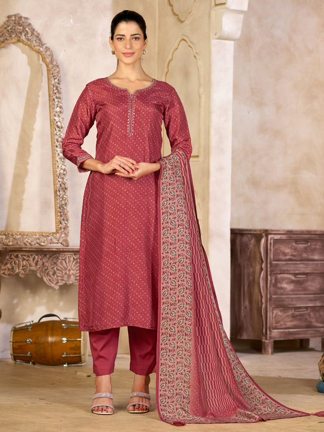 Dusty Red Viscose Kurta Set with Subtle Print and Woven Viscose Dupatta