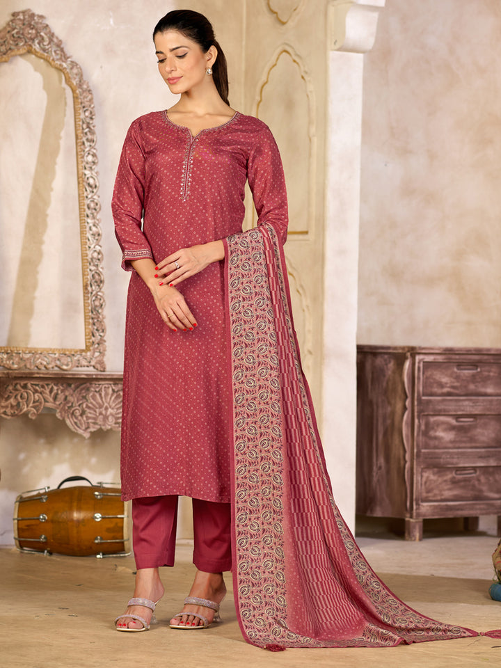 Dusty Red Viscose Kurta Set with Subtle Print and Woven Viscose Dupatta