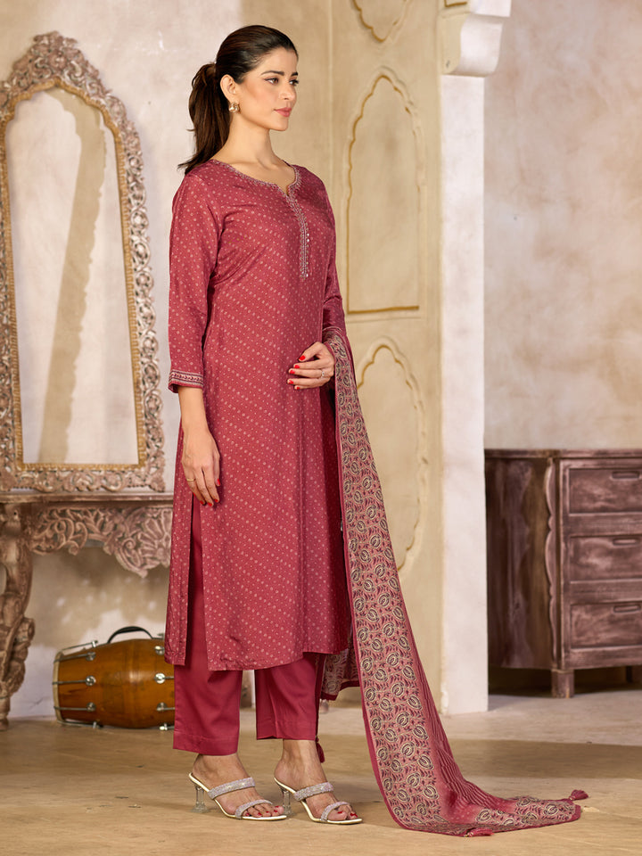Dusty Red Viscose Kurta Set with Subtle Print and Woven Viscose Dupatta