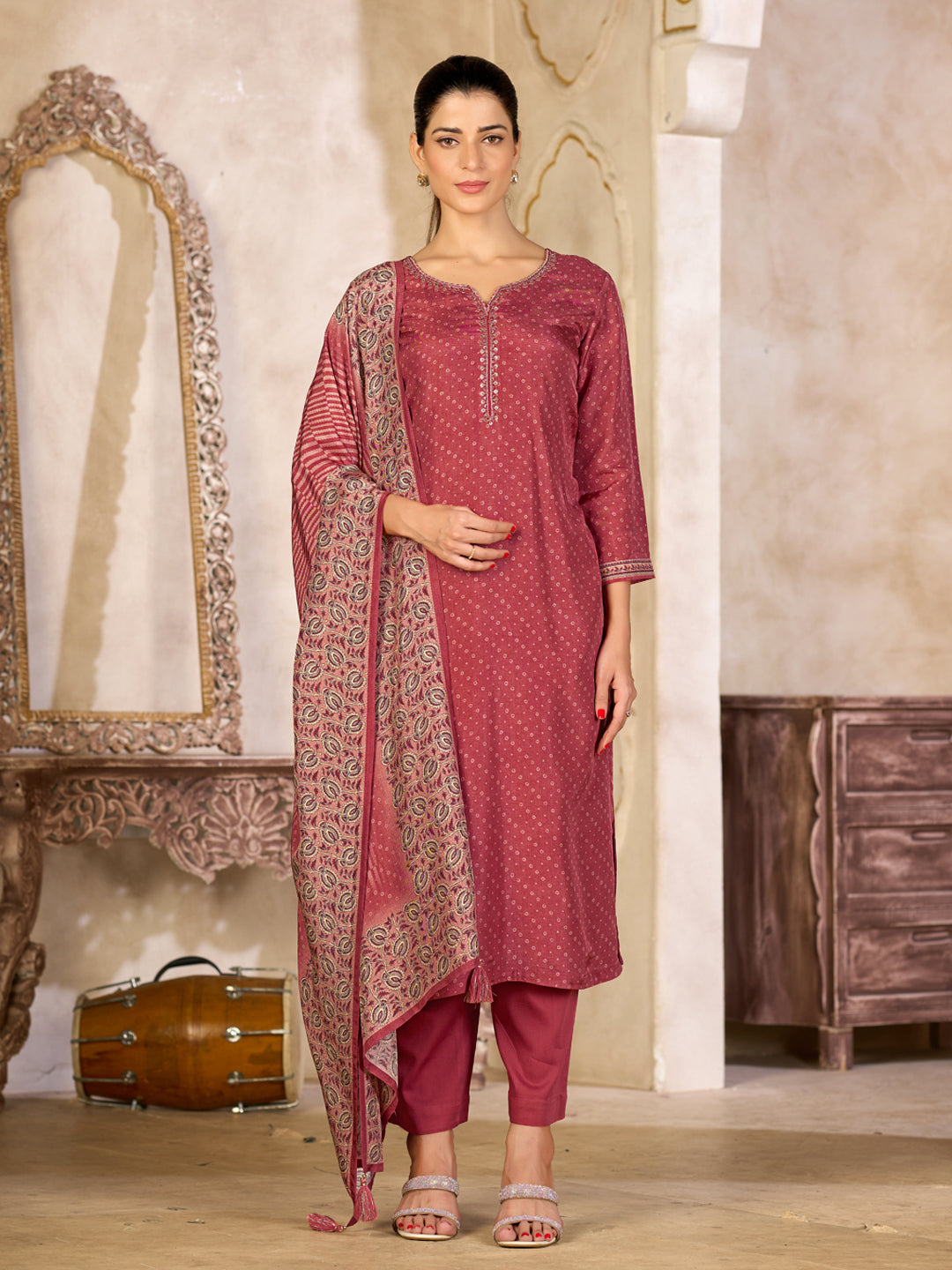 Dusty Red Viscose Kurta Set with Subtle Print and Woven Viscose Dupatta