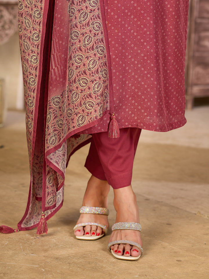 Dusty Red Viscose Kurta Set with Subtle Print and Woven Viscose Dupatta