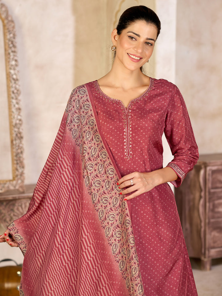Dusty Red Viscose Kurta Set with Subtle Print and Woven Viscose Dupatta