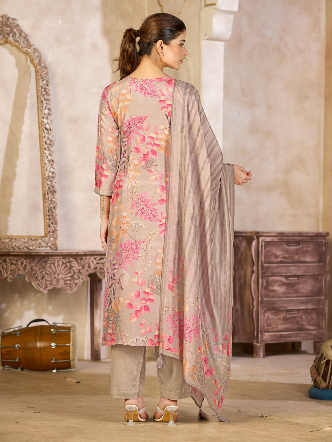 Beige Viscose Kurta Set with Pink Floral Print, Paired with Solid Bottom and Striped Printed Dupatta