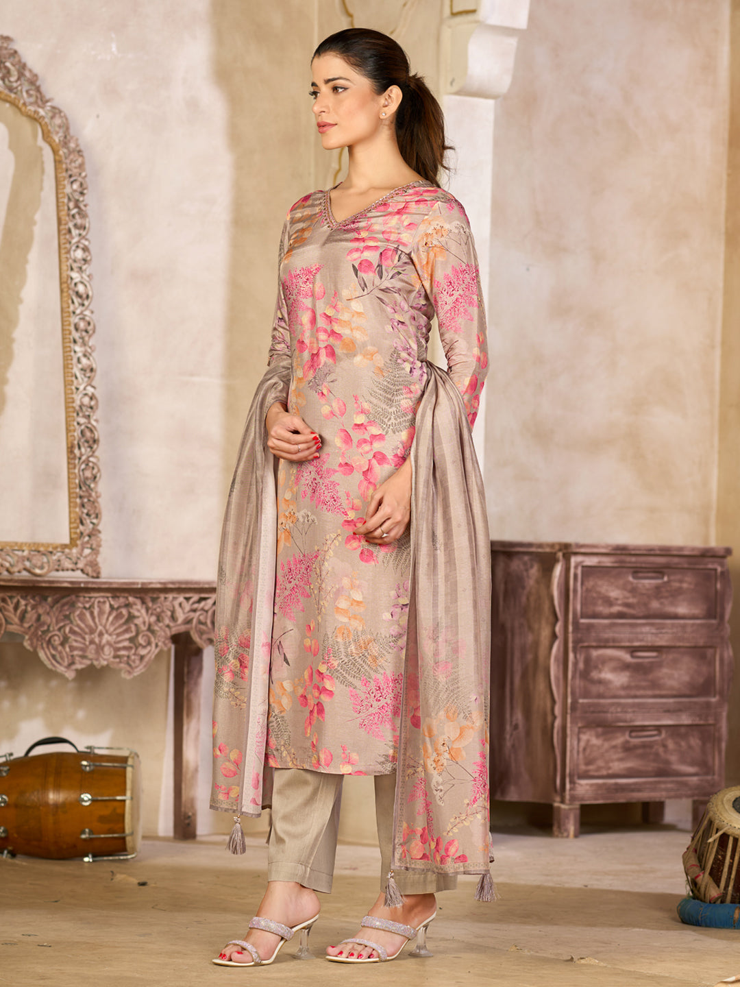 Beige Viscose Kurta Set with Pink Floral Print, Paired with Solid Bottom and Striped Printed Dupatta