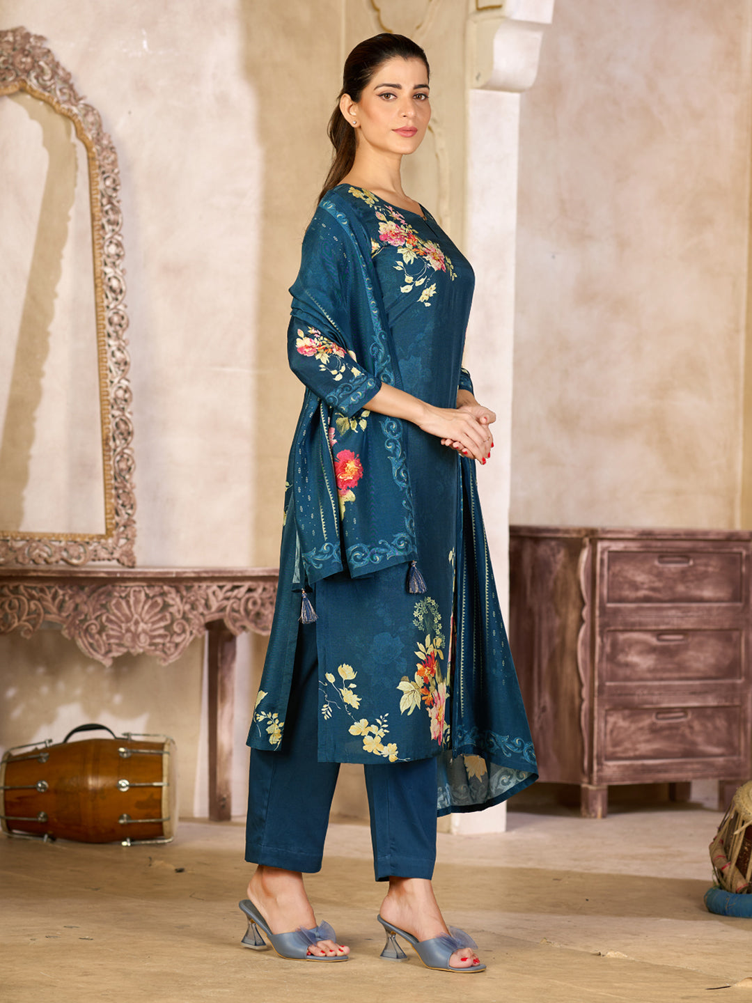 Blue Viscose Kurta Set with Elegant Floral Printed Work, Paired with Cambric Cotton Bottom and a Matching Viscose Dupatta