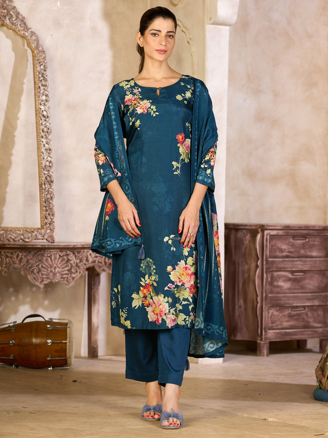 Blue Viscose Kurta Set with Elegant Floral Printed Work, Paired with Cambric Cotton Bottom and a Matching Viscose Dupatta