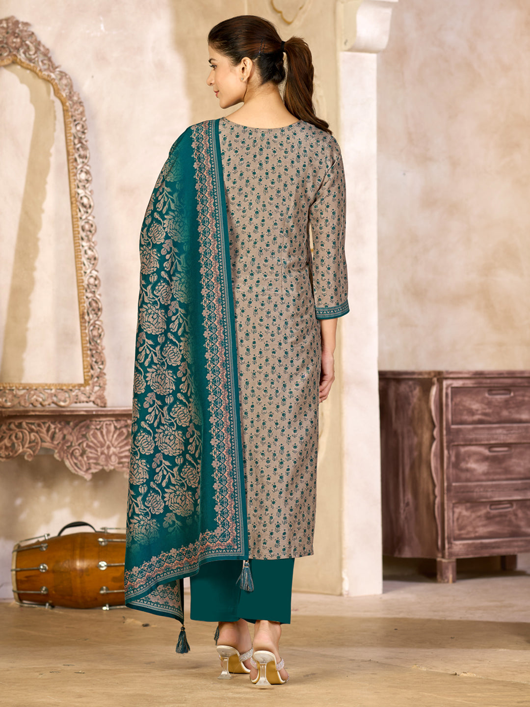 Beige Viscose Kurta Set with All Over Contrast Floral Print, Paired with Solid Bottom and Jacquard Woven Dupatta