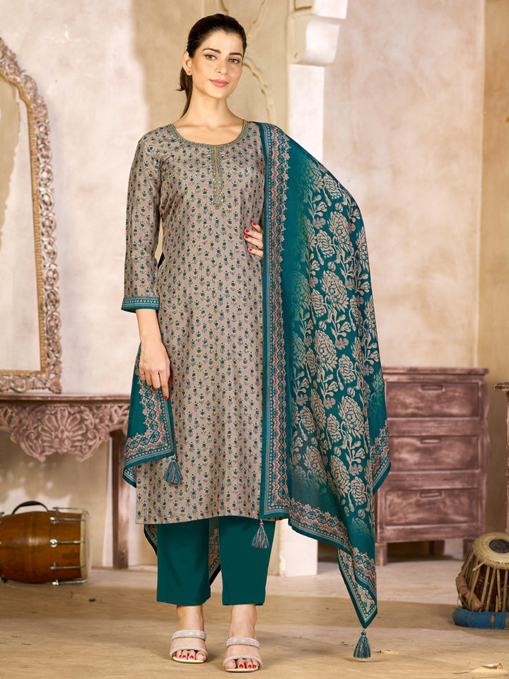 Beige Viscose Kurta Set with All Over Contrast Floral Print, Paired with Solid Bottom and Jacquard Woven Dupatta