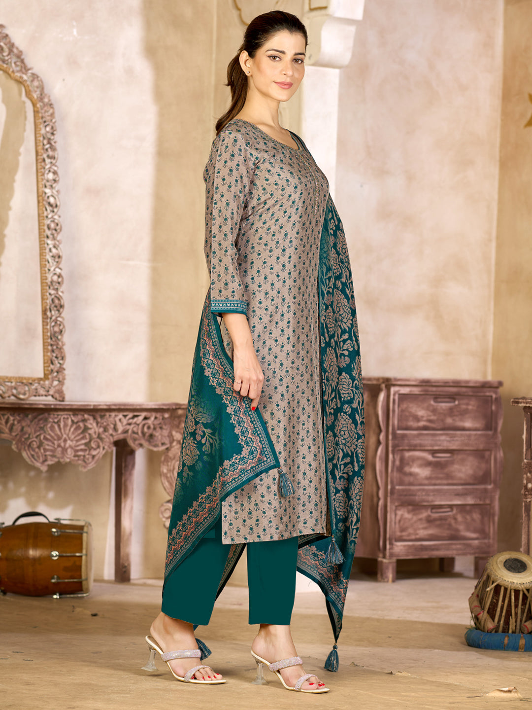 Beige Viscose Kurta Set with All Over Contrast Floral Print, Paired with Solid Bottom and Jacquard Woven Dupatta