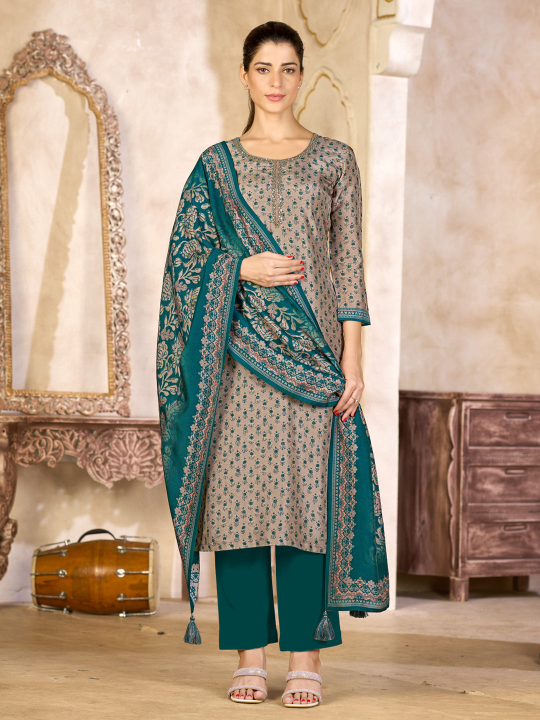 Beige Viscose Kurta Set with All Over Contrast Floral Print, Paired with Solid Bottom and Jacquard Woven Dupatta