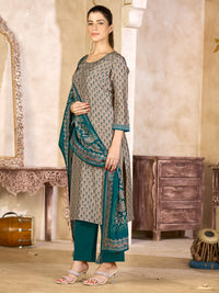 Beige Viscose Kurta Set with All Over Contrast Floral Print, Paired with Solid Bottom and Jacquard Woven Dupatta