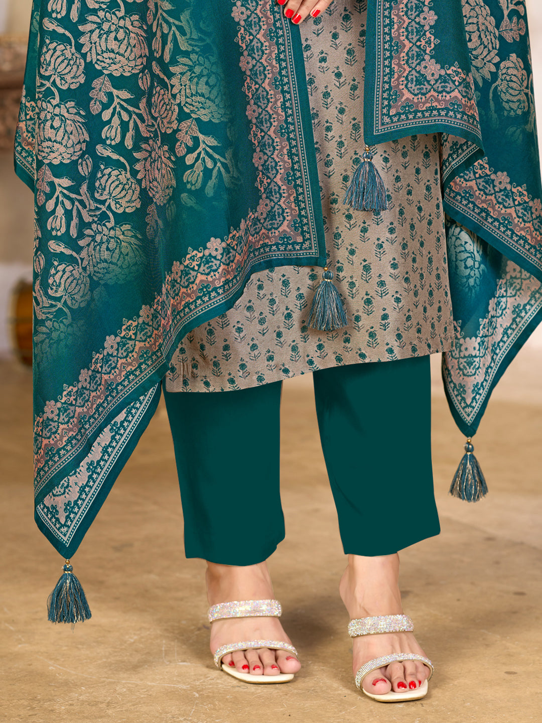 Beige Viscose Kurta Set with All Over Contrast Floral Print, Paired with Solid Bottom and Jacquard Woven Dupatta
