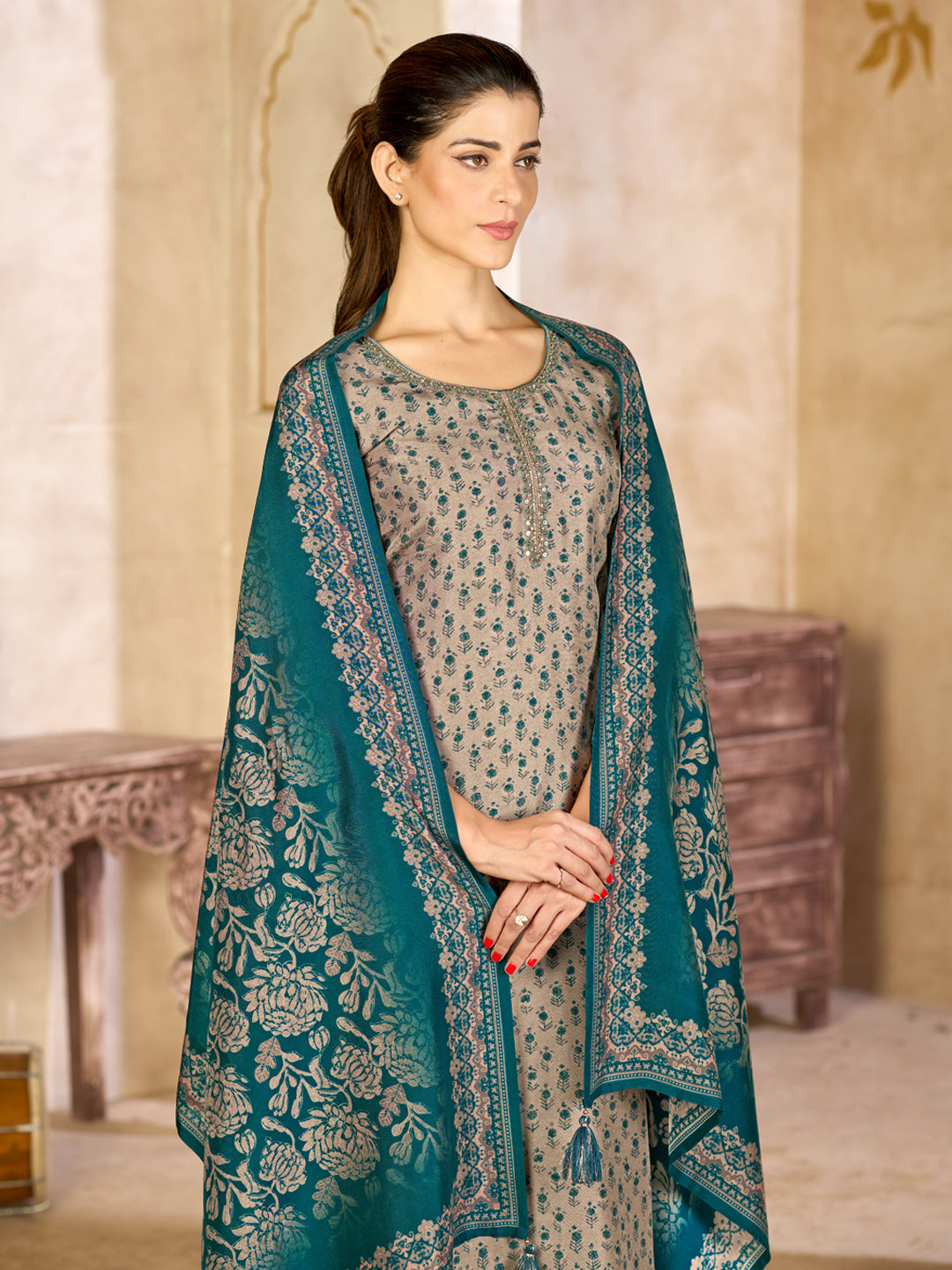 Beige Viscose Kurta Set with All Over Contrast Floral Print, Paired with Solid Bottom and Jacquard Woven Dupatta