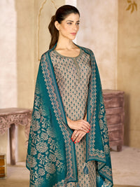 Beige Viscose Kurta Set with All Over Contrast Floral Print, Paired with Solid Bottom and Jacquard Woven Dupatta