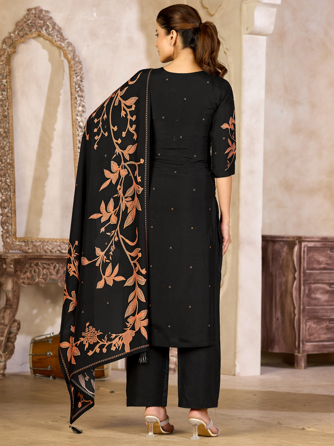 Black Viscose Kurta Set with Rust Floral Print, Paired with Solid Bottom and Coordinated Dupatta