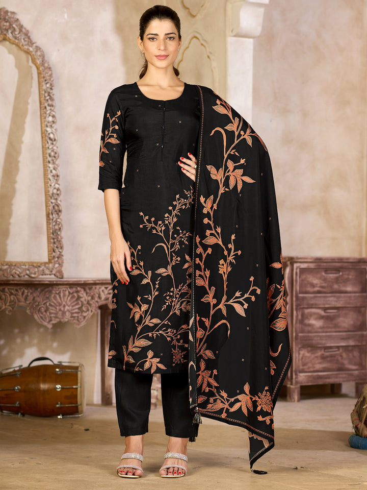 Black Viscose Kurta Set with Rust Floral Print, Paired with Solid Bottom and Coordinated Dupatta