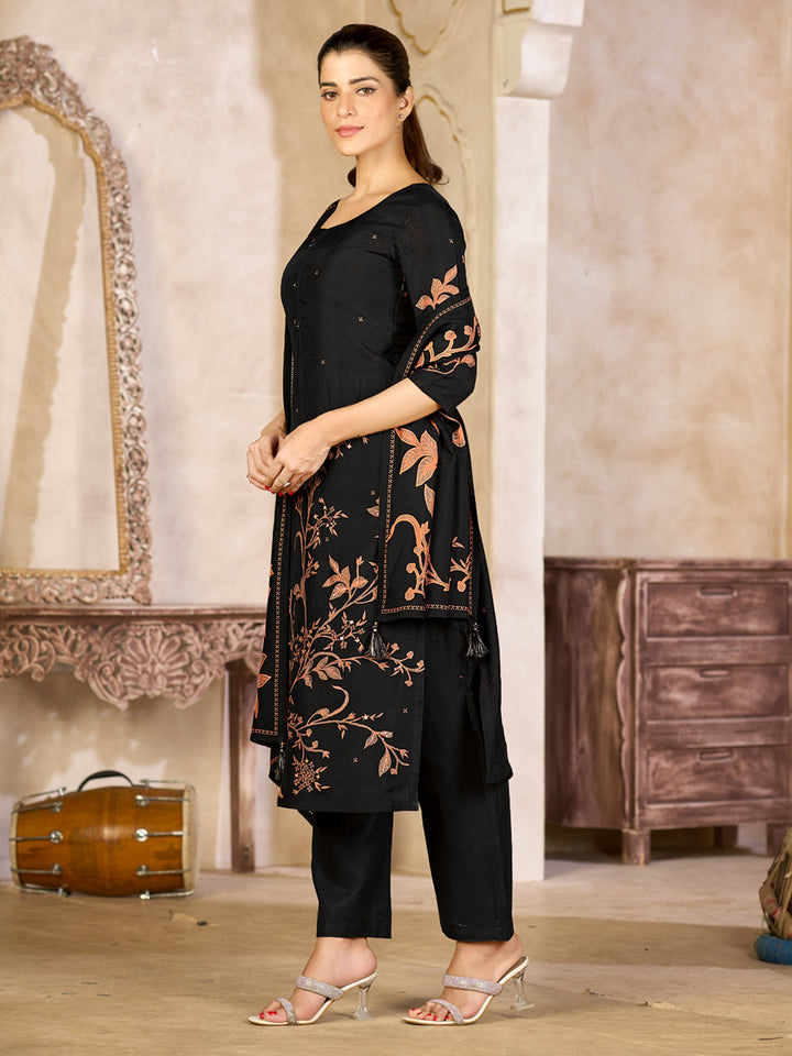 Black Viscose Kurta Set with Rust Floral Print, Paired with Solid Bottom and Coordinated Dupatta