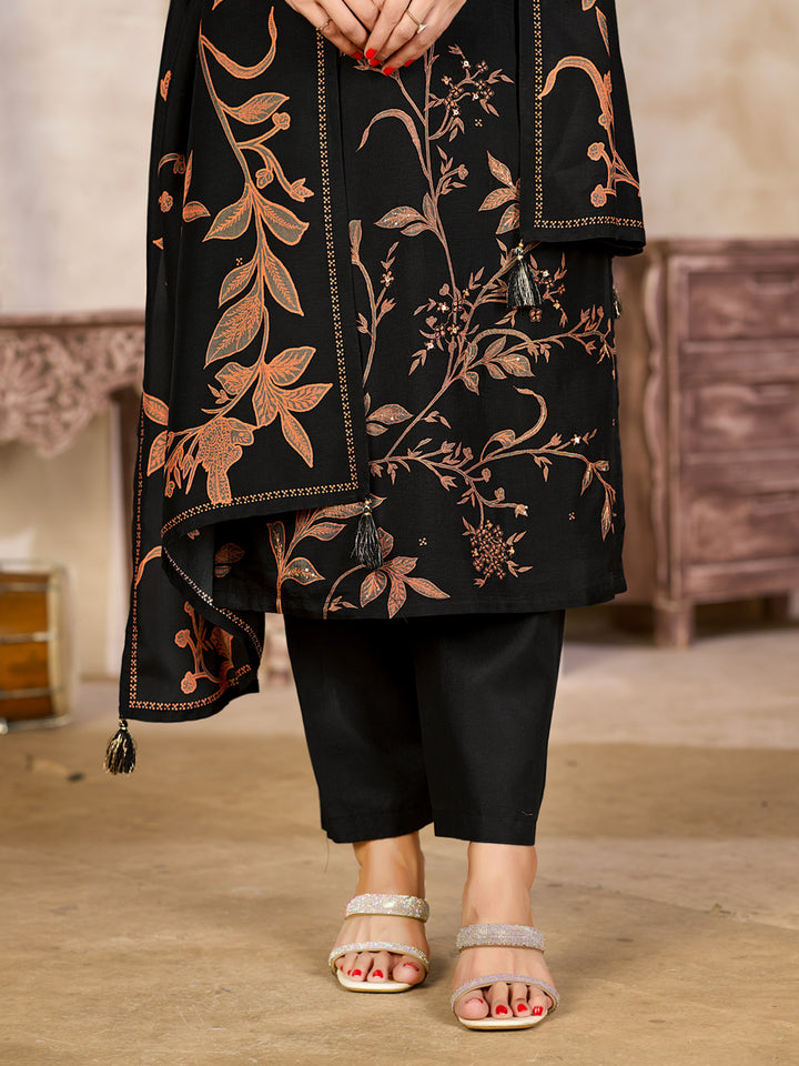 Black Viscose Kurta Set with Rust Floral Print, Paired with Solid Bottom and Coordinated Dupatta