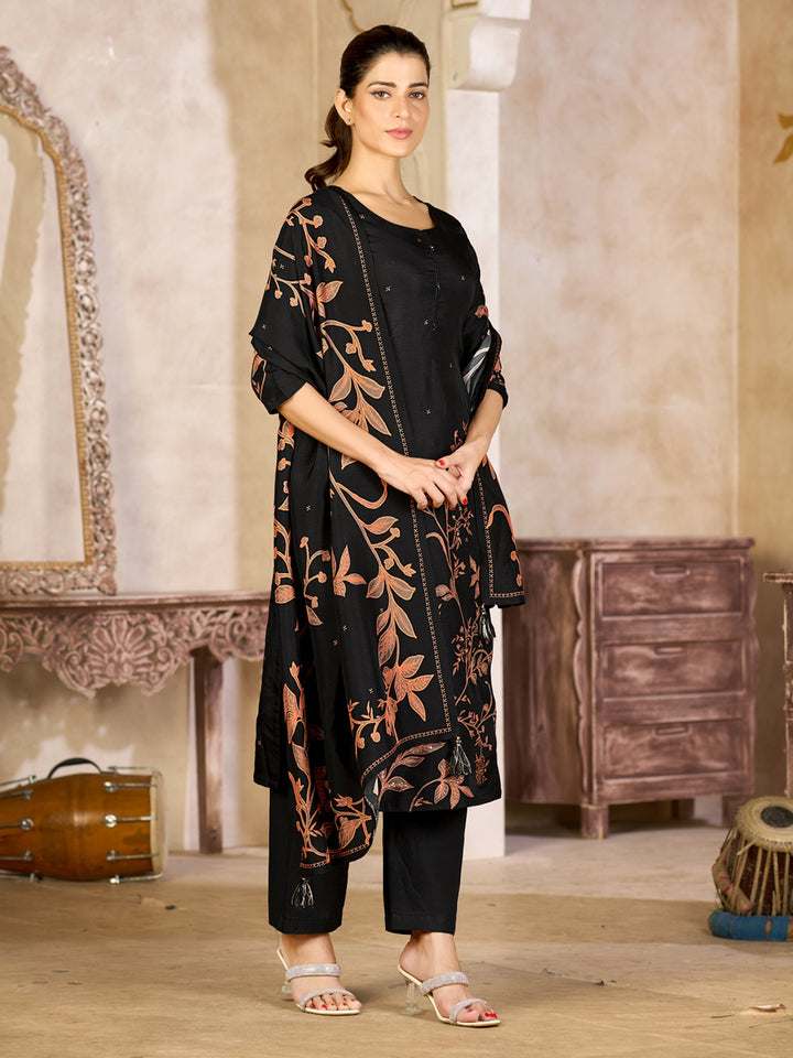 Black Viscose Kurta Set with Rust Floral Print, Paired with Solid Bottom and Coordinated Dupatta