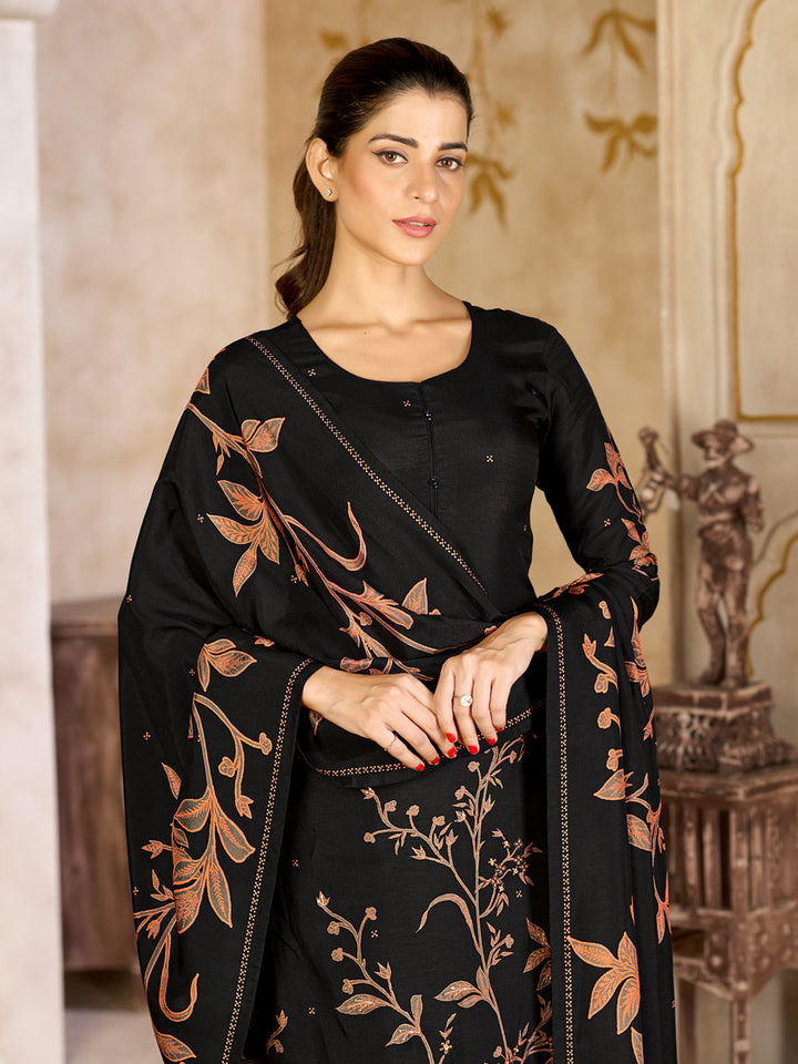 Black Viscose Kurta Set with Rust Floral Print, Paired with Solid Bottom and Coordinated Dupatta
