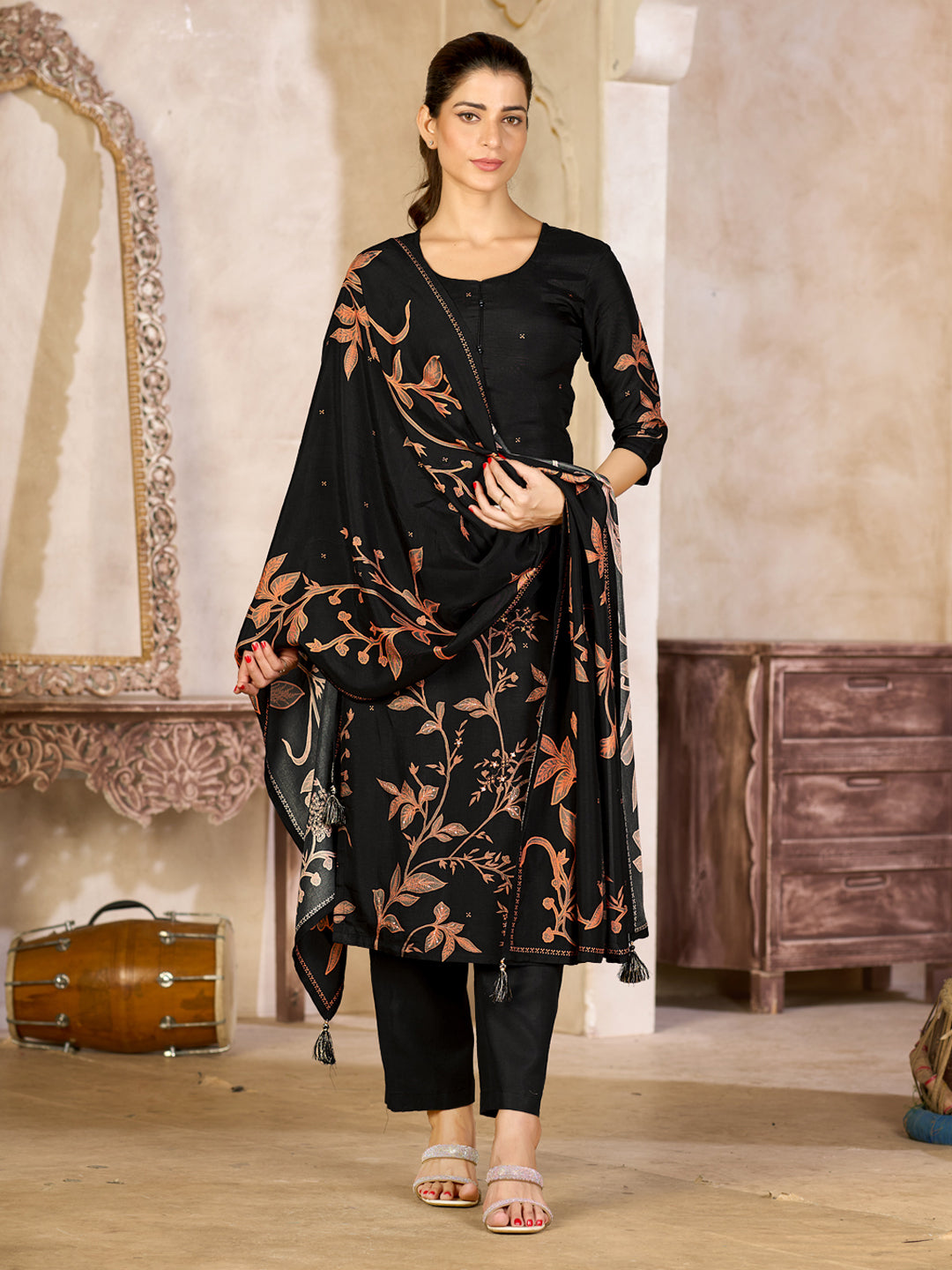 Black Viscose Kurta Set with Rust Floral Print, Paired with Solid Bottom and Coordinated Dupatta