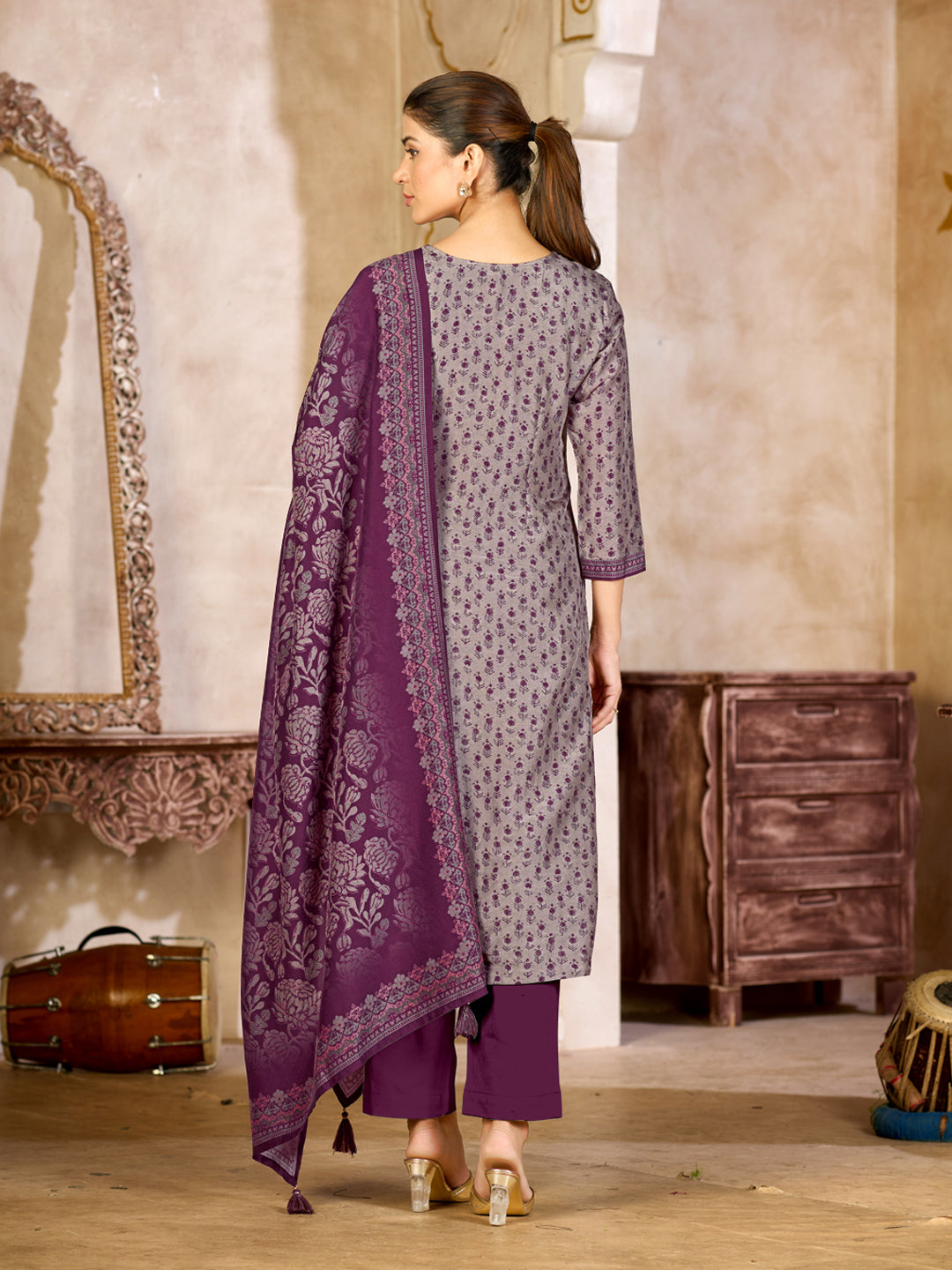 Grey Viscose Kurta Set with Contrast Print Work, Paired with Cambric Cotton Bottom and a Viscose Dupatta