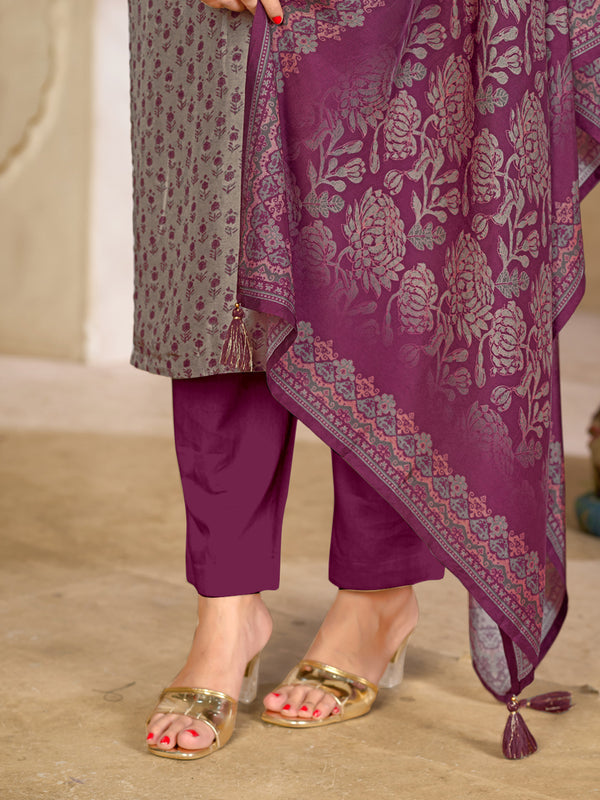 Grey Viscose Kurta Set with Contrast Print Work, Paired with Cambric Cotton Bottom and a Viscose Dupatta
