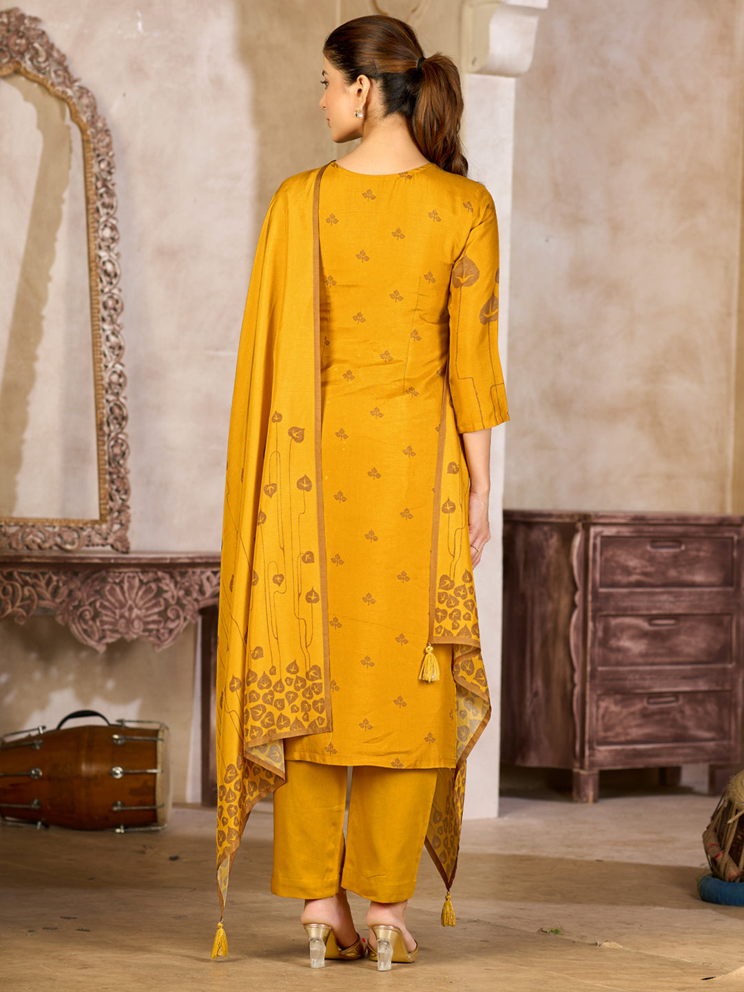 Mustard Yellow Viscose Kurta Set with Embroidered Work, Paired with Cambric Cotton Bottom and a Matching Viscose Dupatta