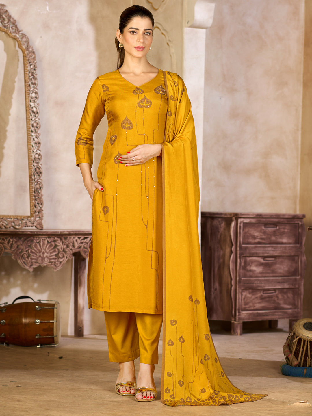 Mustard Yellow Viscose Kurta Set with Embroidered Work, Paired with Cambric Cotton Bottom and a Matching Viscose Dupatta