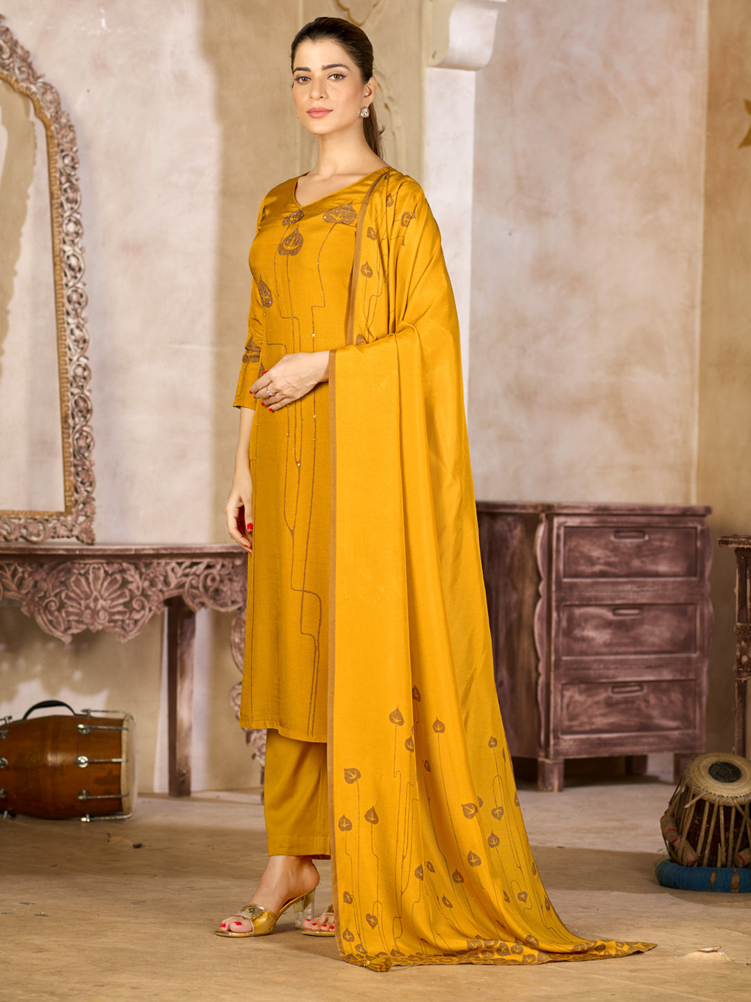 Mustard Yellow Viscose Kurta Set with Embroidered Work, Paired with Cambric Cotton Bottom and a Matching Viscose Dupatta