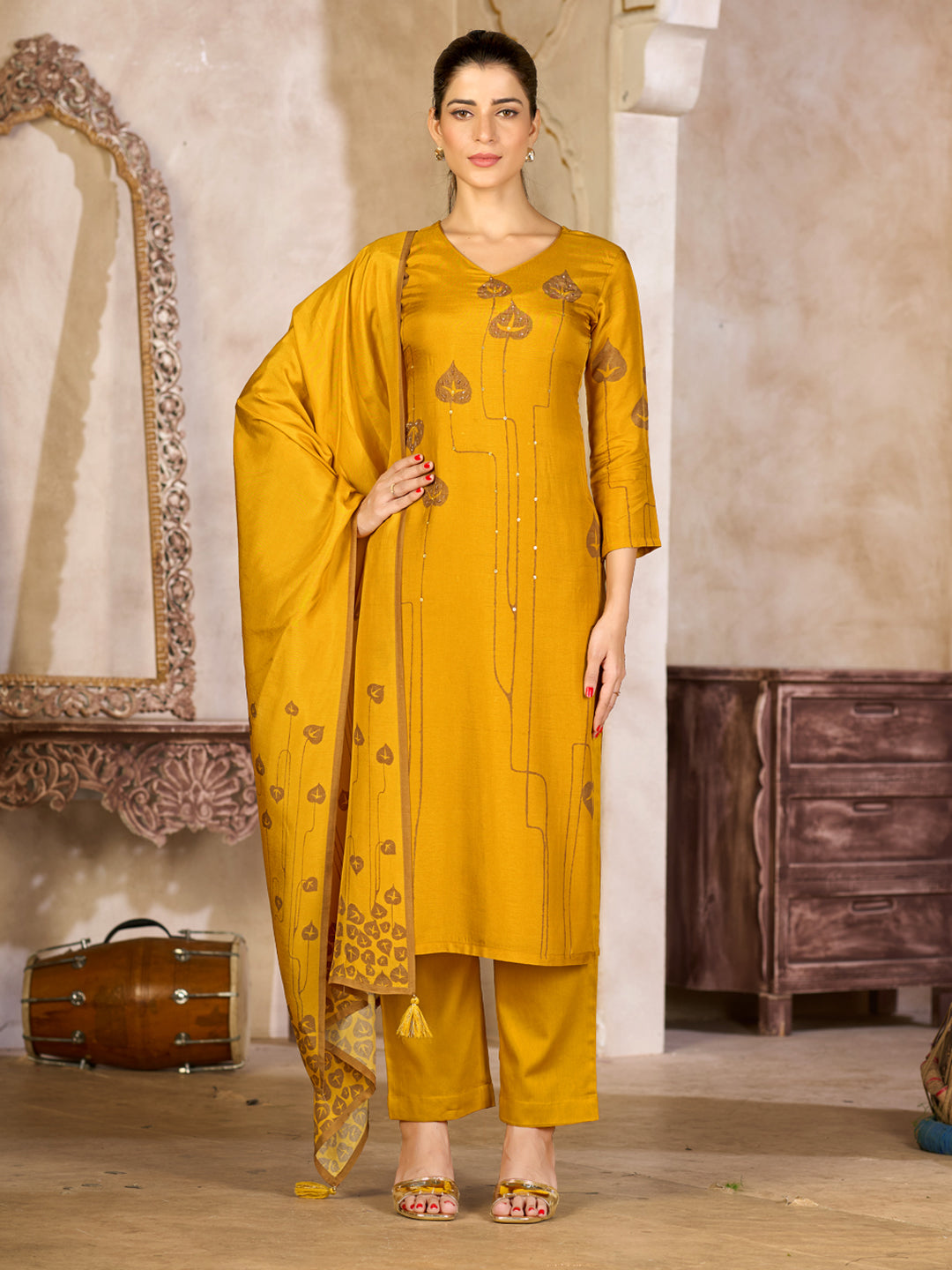 Mustard Yellow Viscose Kurta Set with Embroidered Work, Paired with Cambric Cotton Bottom and a Matching Viscose Dupatta