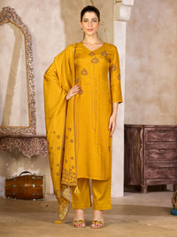 Mustard Yellow Viscose Kurta Set with Embroidered Work, Paired with Cambric Cotton Bottom and a Matching Viscose Dupatta