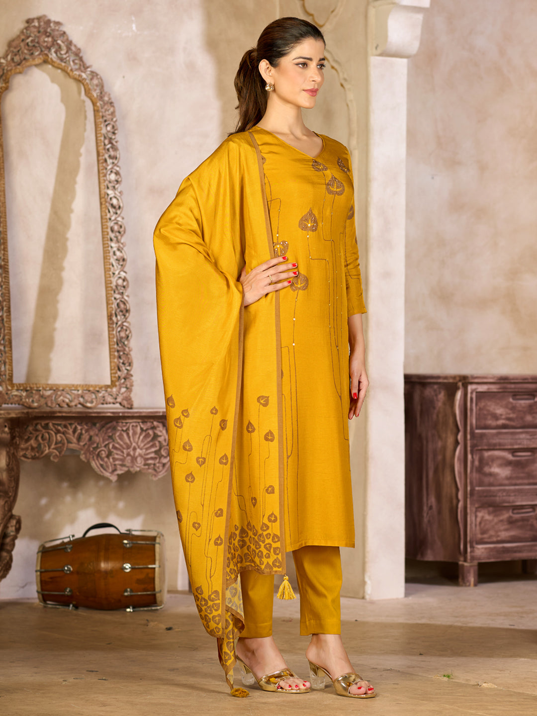 Mustard Yellow Viscose Kurta Set with Embroidered Work, Paired with Cambric Cotton Bottom and a Matching Viscose Dupatta