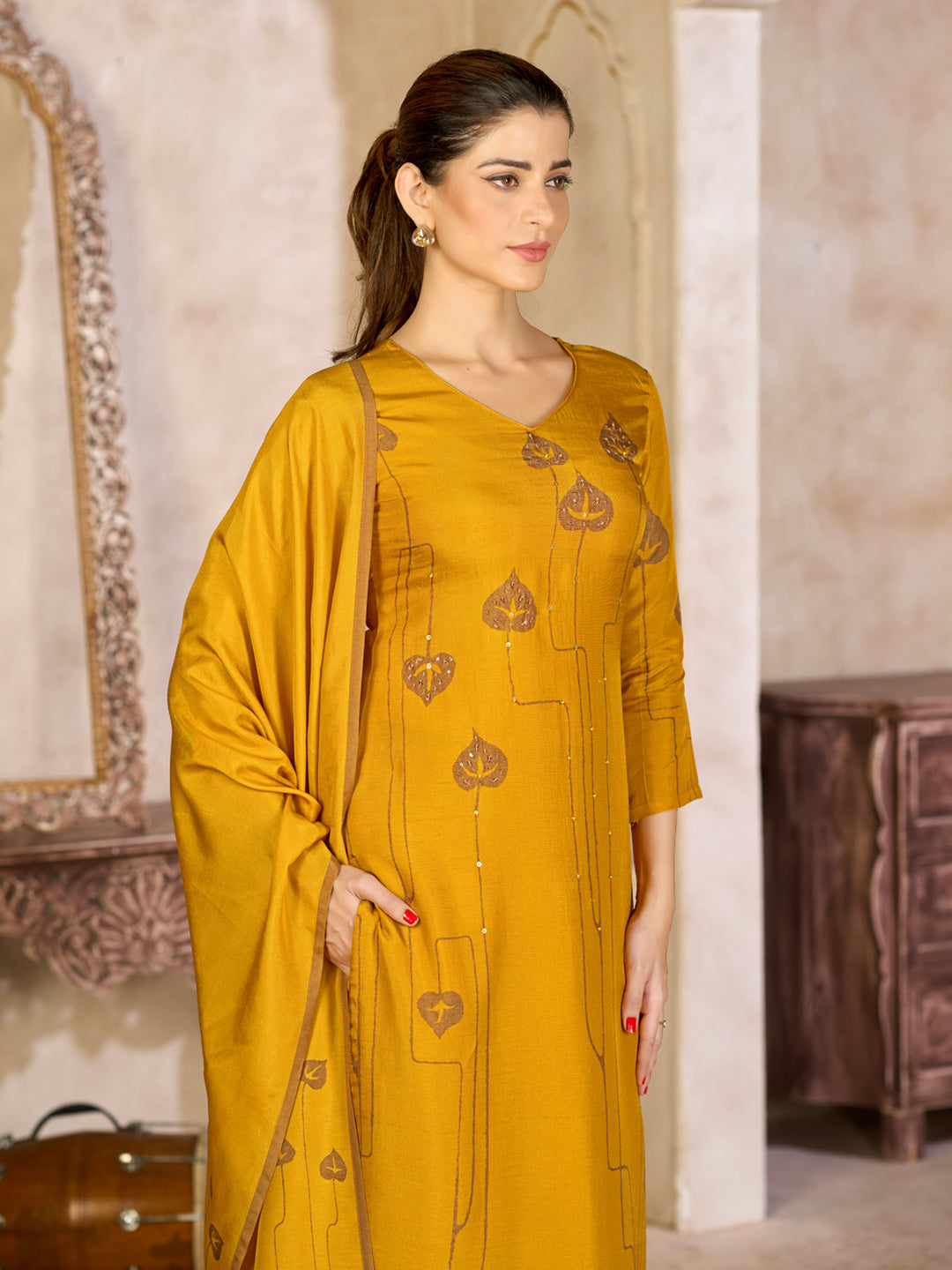 Mustard Yellow Viscose Kurta Set with Embroidered Work, Paired with Cambric Cotton Bottom and a Matching Viscose Dupatta