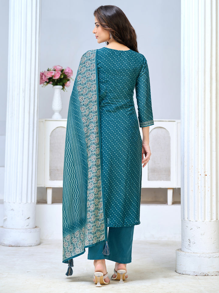 Teal Blue Viscose Kurta Set with Intricate Printed Detailing, Paired with Solid Bottom and Printed Dupatta