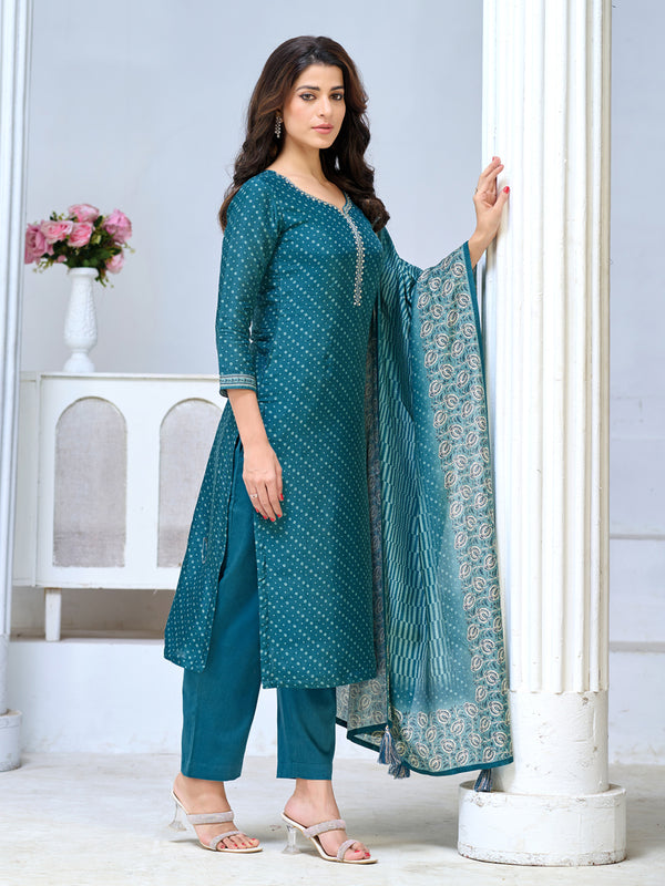 Teal Blue Viscose Kurta Set with Intricate Printed Detailing, Paired with Solid Bottom and Printed Dupatta
