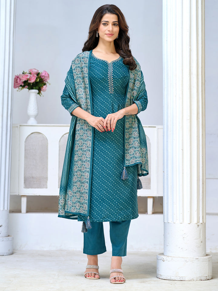 Teal Blue Viscose Kurta Set with Intricate Printed Detailing, Paired with Solid Bottom and Printed Dupatta