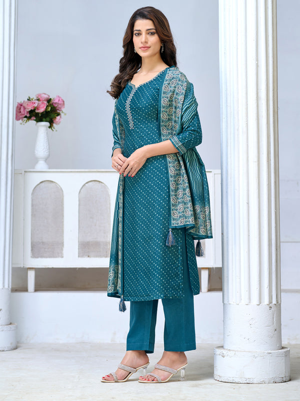 Teal Blue Viscose Kurta Set with Intricate Printed Detailing, Paired with Solid Bottom and Printed Dupatta