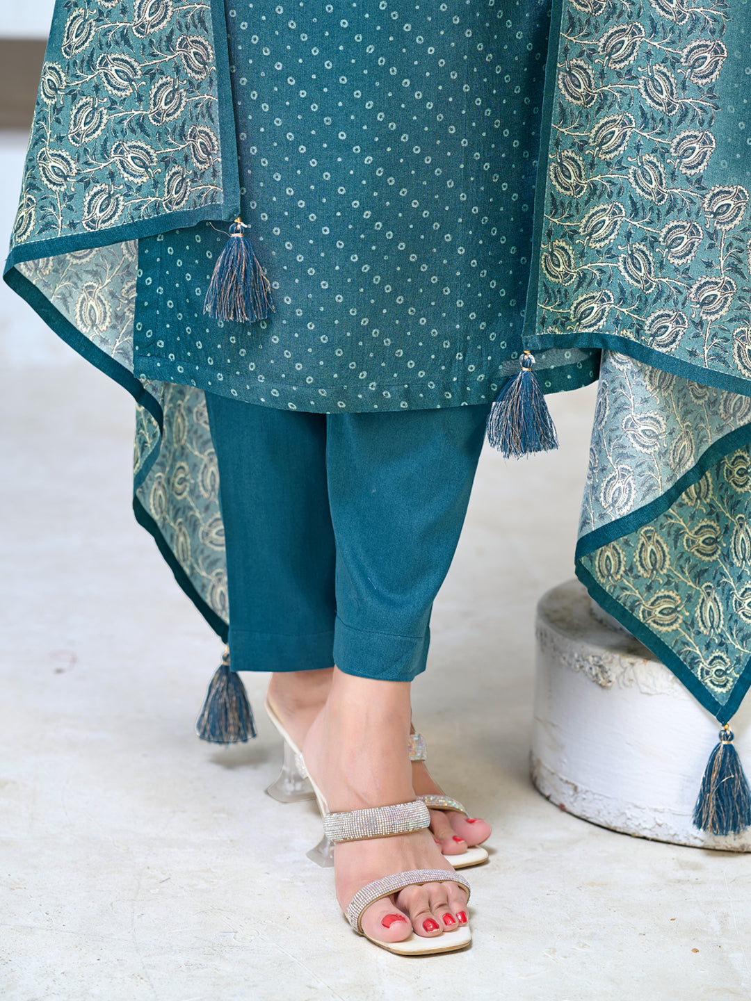 Teal Blue Viscose Kurta Set with Intricate Printed Detailing, Paired with Solid Bottom and Printed Dupatta