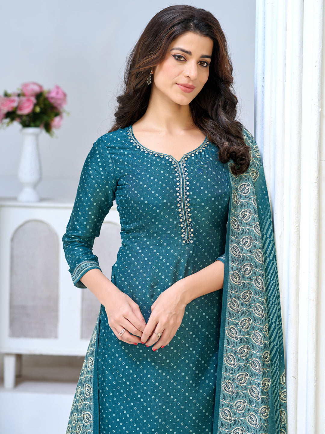 Teal Blue Viscose Kurta Set with Intricate Printed Detailing, Paired with Solid Bottom and Printed Dupatta