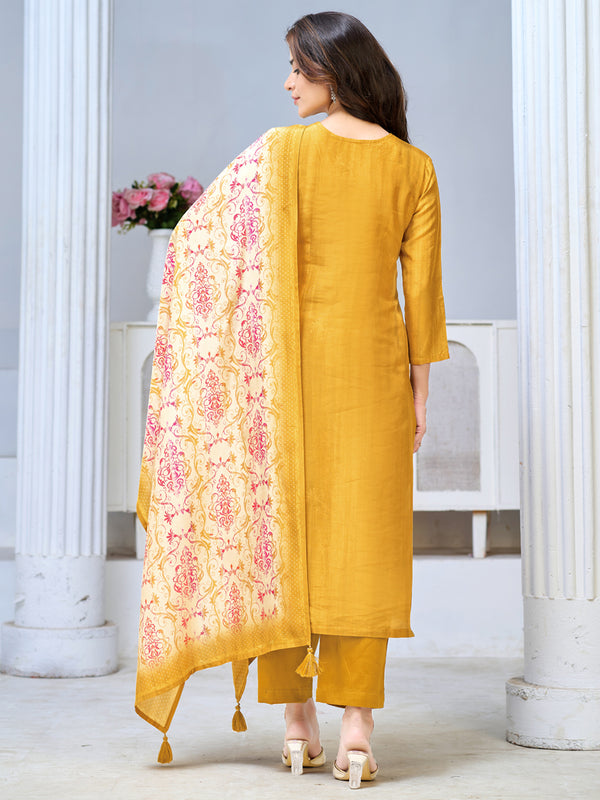 Yellow Viscose Kurta Set with Textured Weave, Paired with Solid Bottom and Printed Dupatta