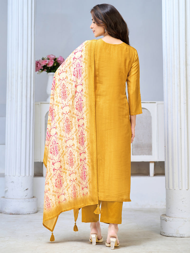 Yellow Viscose Kurta Set with Textured Weave, Paired with Solid Bottom and Printed Dupatta