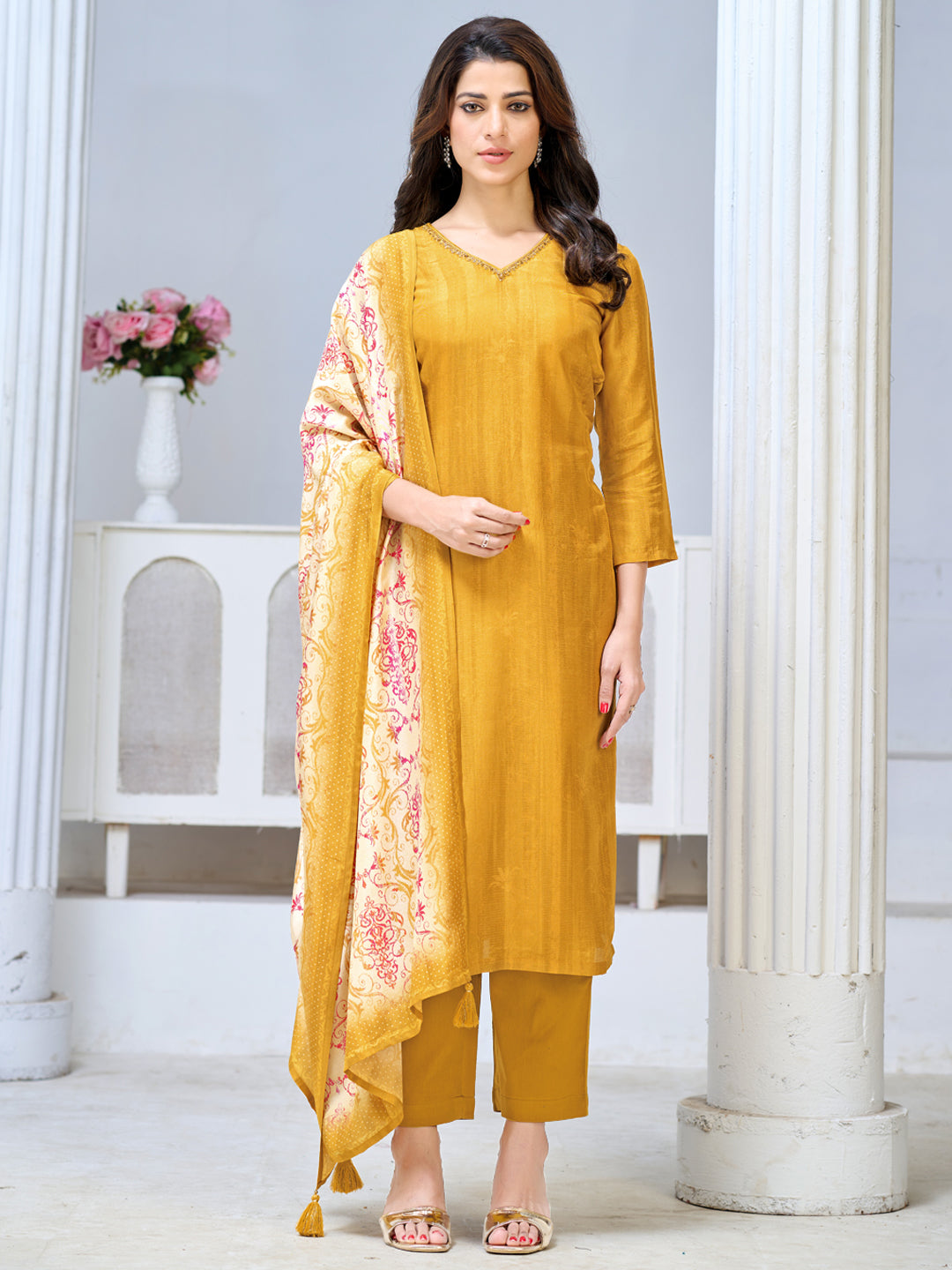 Yellow Viscose Kurta Set with Textured Weave, Paired with Solid Bottom and Printed Dupatta
