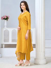 Yellow Viscose Kurta Set with Textured Weave, Paired with Solid Bottom and Printed Dupatta