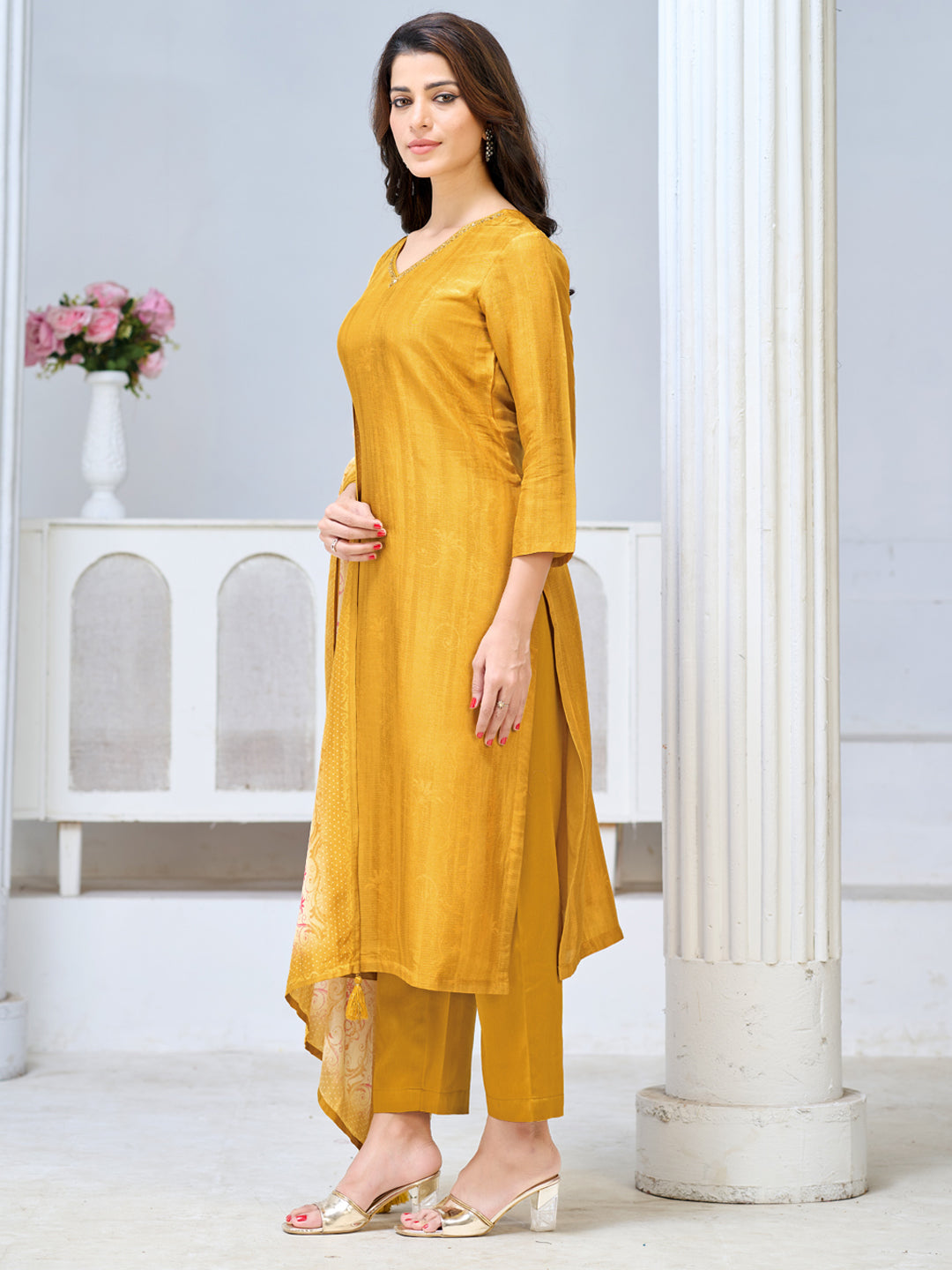 Yellow Viscose Kurta Set with Textured Weave, Paired with Solid Bottom and Printed Dupatta