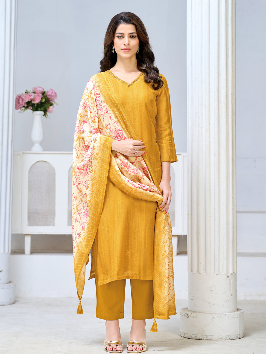Yellow Viscose Kurta Set with Textured Weave, Paired with Solid Bottom and Printed Dupatta