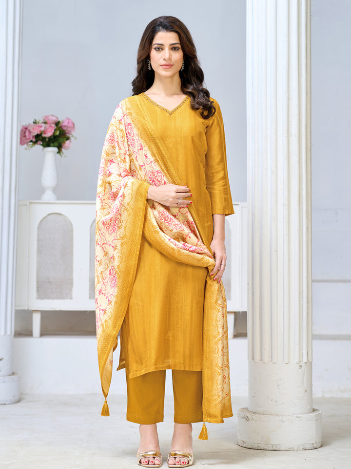 Yellow Viscose Kurta Set with Textured Weave, Paired with Solid Bottom and Printed Dupatta
