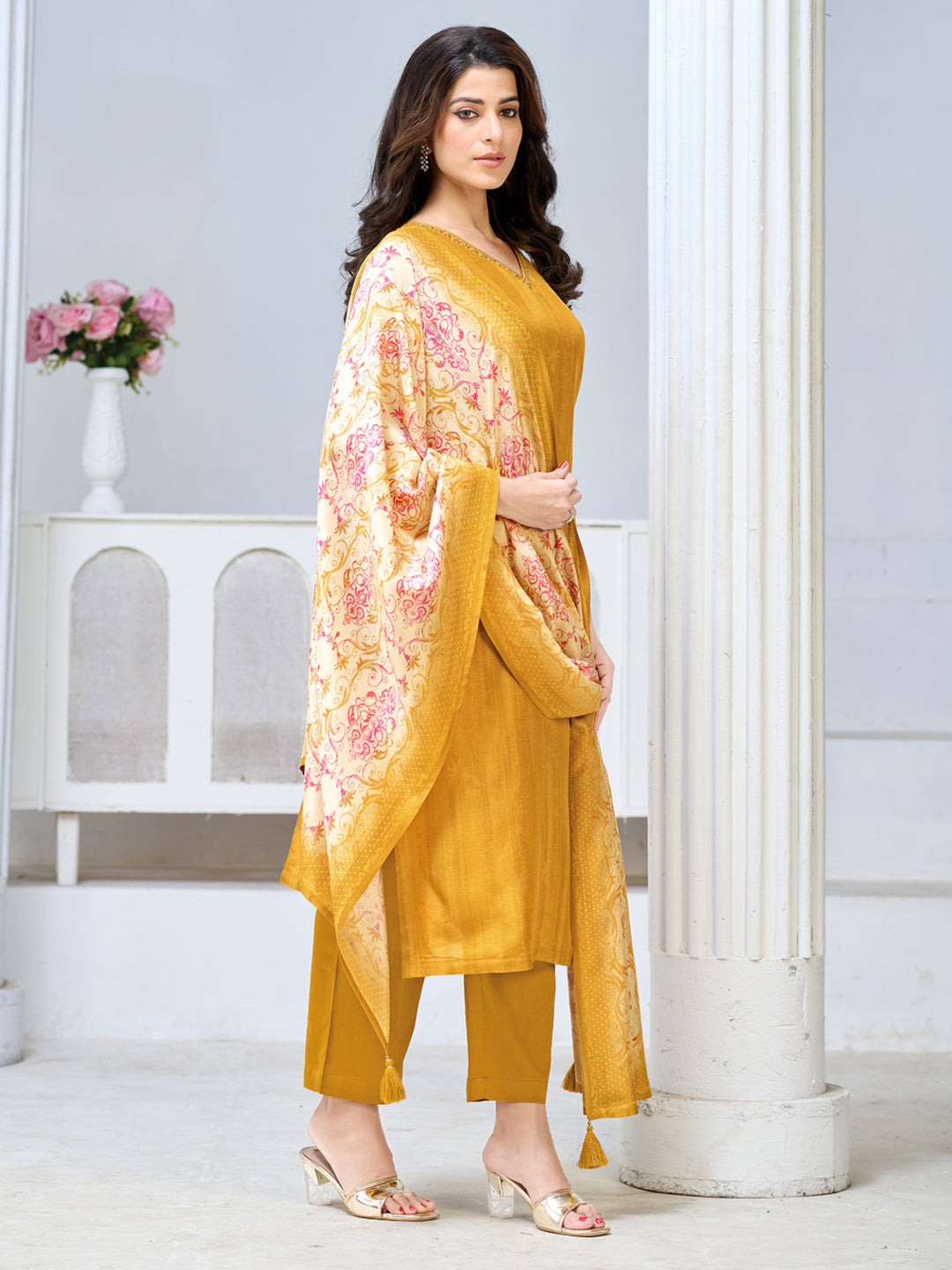 Yellow Viscose Kurta Set with Textured Weave, Paired with Solid Bottom and Printed Dupatta